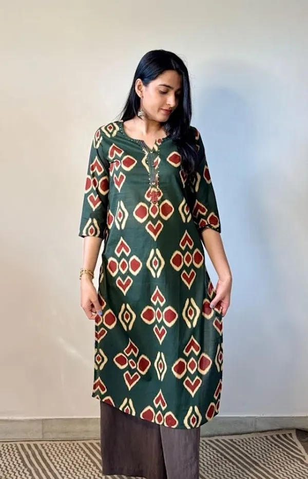 Bottle_Green_Geometric_Ikat_Mulmul_Kurti