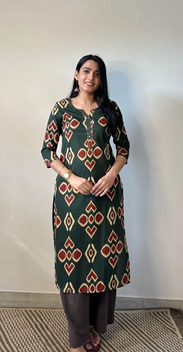 Bottle_Green_Geometric_Ikat_Mulmul_Kurti