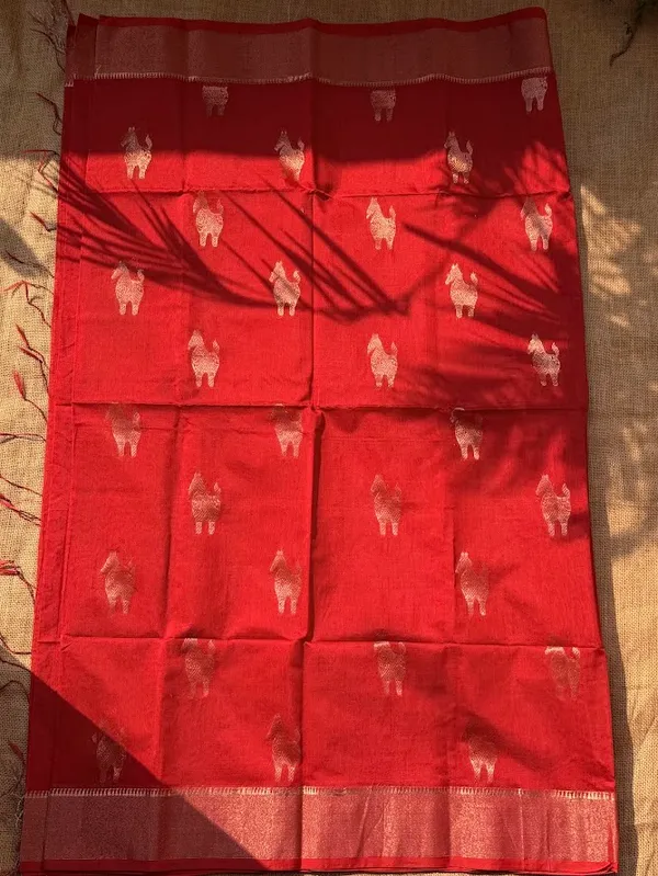 Brick_Red_Festive_Handloom_Cotton_Silk_Saree_with_Metallic_Copper_Horse_Motifs_&_Zari_Border