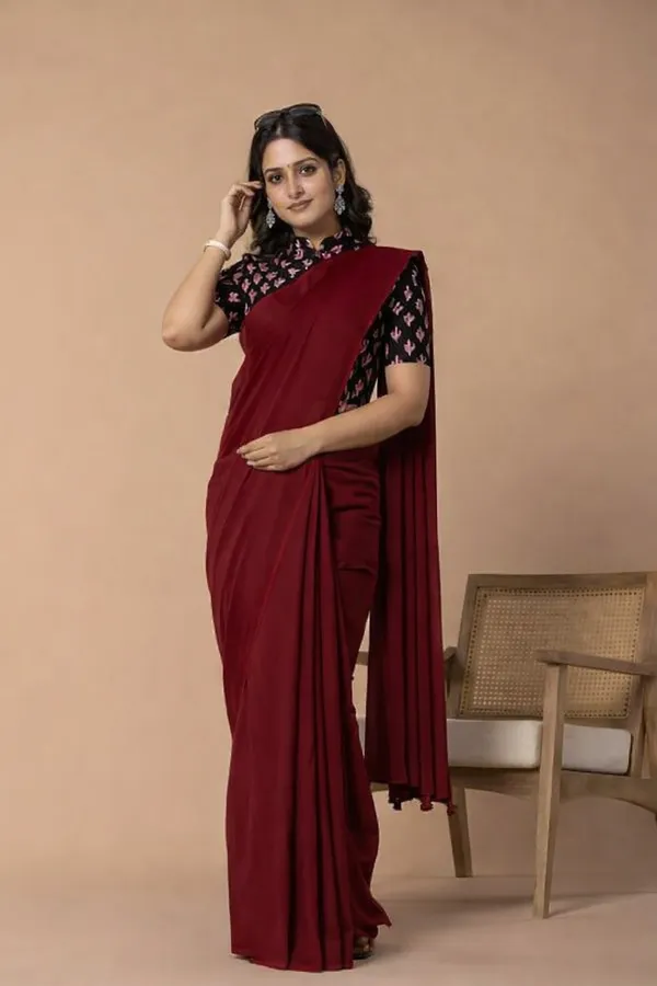 Dark_Maroon_Plain_Mulmul_Saree_with_Fabric_Tassels