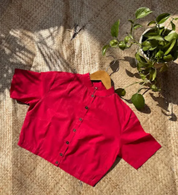 Carmine_Red_Mandarin_Collar_Cotton_Blouse