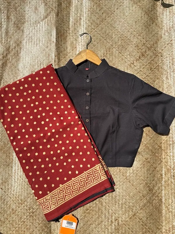 Crimson_Red_Polka_Mulmul_saree_with_fabric_tassels