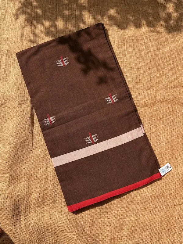Deep_Cocoa_Brown_Dhaniakhali_Cotton_Handloom_Saree_with_Geometric_Arrow_Motifs_&_Coral_Red_Border