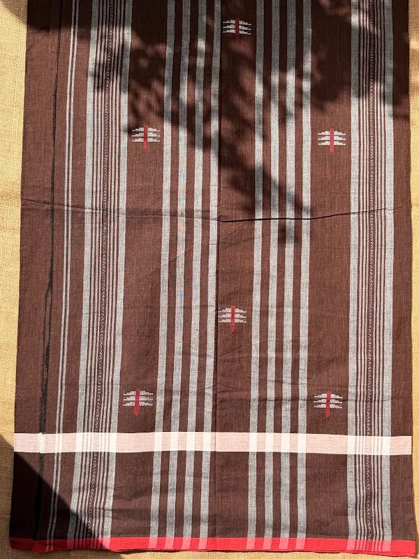 Deep_Cocoa_Brown_Dhaniakhali_Cotton_Handloom_Saree_with_Geometric_Arrow_Motifs_&_Coral_Red_Border