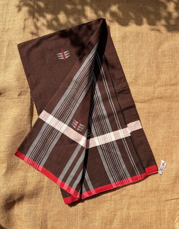 Deep_Cocoa_Brown_Dhaniakhali_Cotton_Handloom_Saree_with_Geometric_Arrow_Motifs_&_Coral_Red_Border