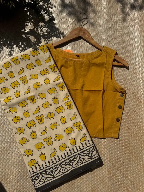 Mustard_Haathi__Bagru_Print_Mul_Cotton_Saree_with_Kalamkari_Border
