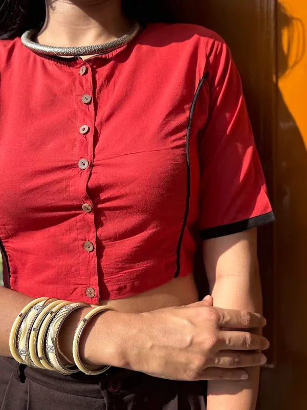 Dahlia_Red_Princess_cut_Cotton_Blouse_with_Black_piping_accents