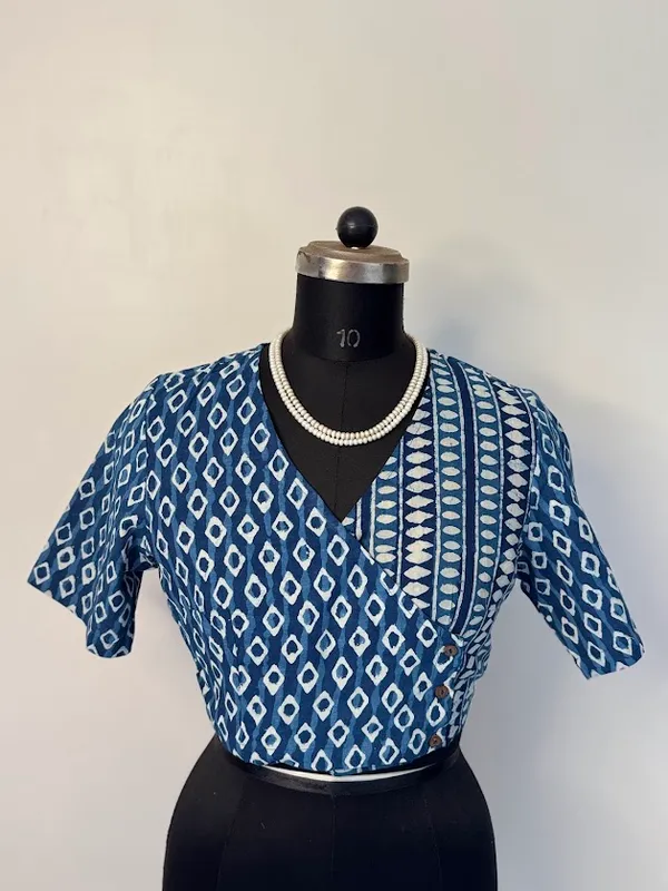 Indigo_Angrakha_Charm_Cotton_Blouse_with_(Diamond_&_Linear_motifs)