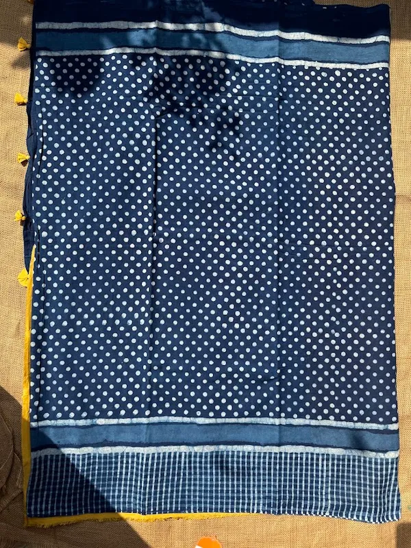 Indigo_Dot_&_Stripe_Cotton_Saree_with_Mustard_Blouse