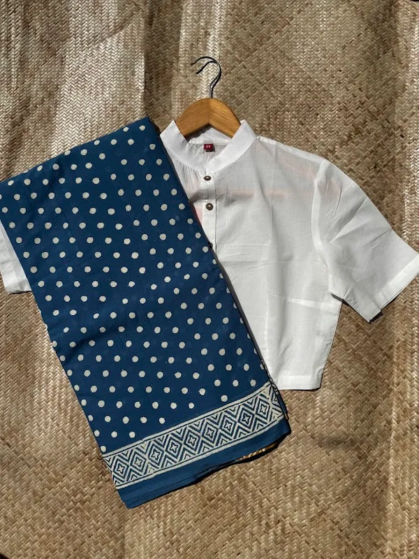 Indigo_Polka_Mulmul_Handblock_Saree_with_fabric_tassels
