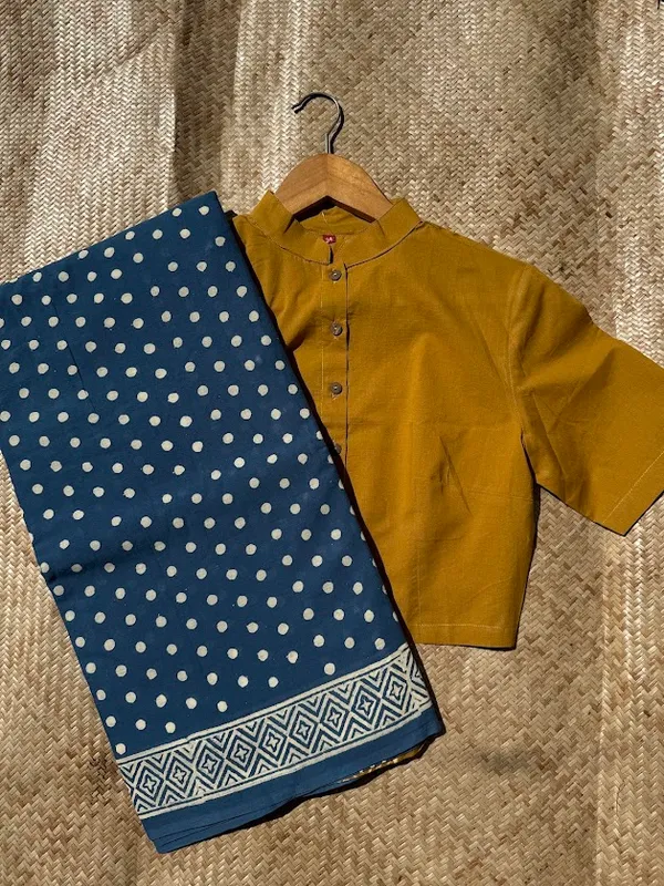 Indigo_Polka_Mulmul_Handblock_Saree_with_fabric_tassels