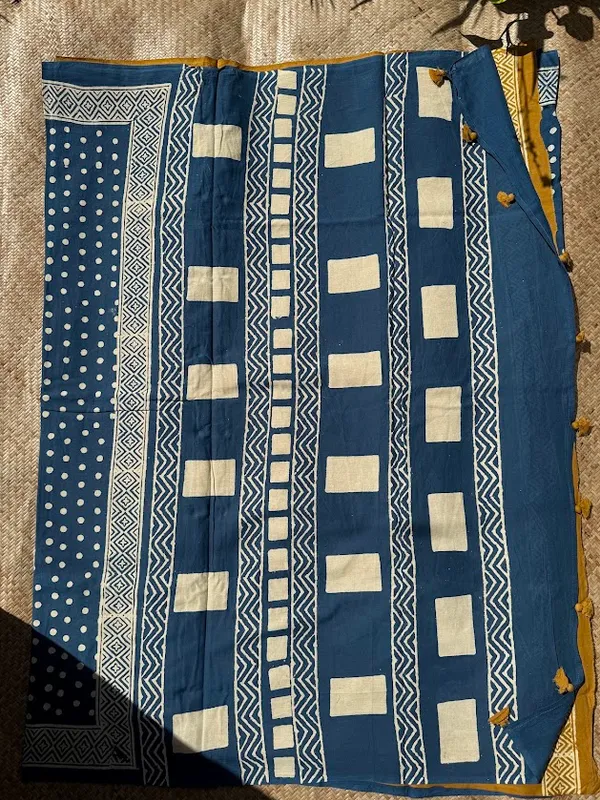 Indigo_Polka_Mulmul_Handblock_Saree_with_fabric_tassels