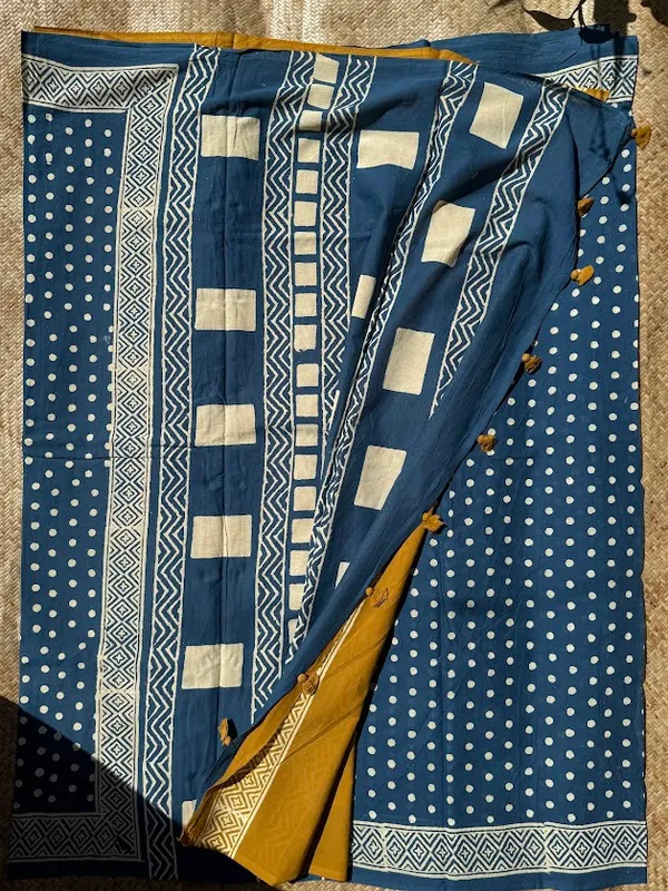 Indigo_Polka_Mulmul_Handblock_Saree_with_fabric_tassels