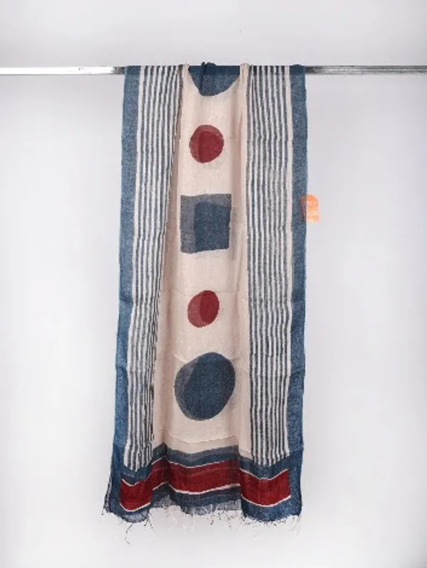 Indigo_Stripe_&_Dabu_Circle_Pure_Linen_Dupatta_with_Rust_Border