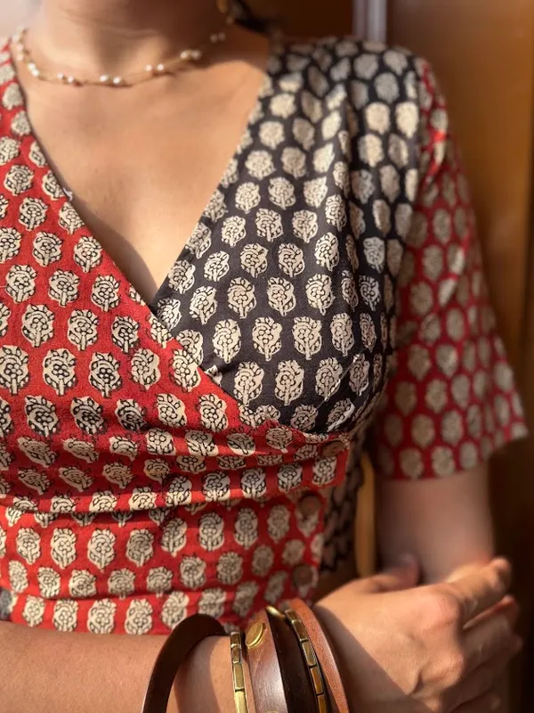 Rudra_Angrakha:_Hand-Printed_Rust_&_Charcoal_Cotton_Blouse