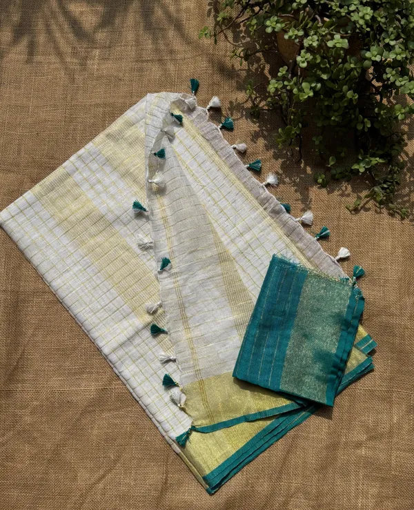 Onam_Linen_Zari_Saree_with_Rama_Green_Contrast_Blouse