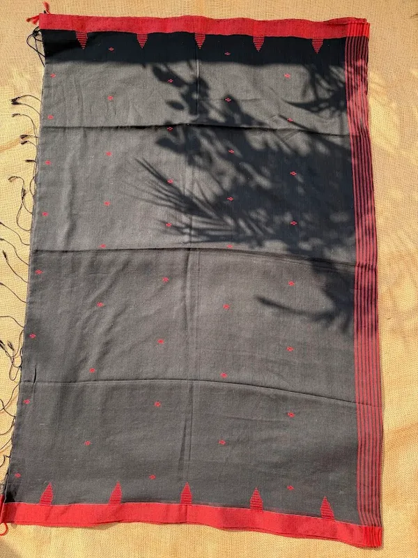 Jet_Black_Dhaniakhali_Pure_Cotton_Handloom_Saree_with_Crimson_Red_Butis,_Temple_Border_&_Striped_Pallu_(Handloom_Mark_Certified)