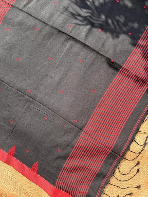 Jet_Black_Dhaniakhali_Pure_Cotton_Handloom_Saree_with_Crimson_Red_Butis,_Temple_Border_&_Striped_Pallu_(Handloom_Mark_Certified)