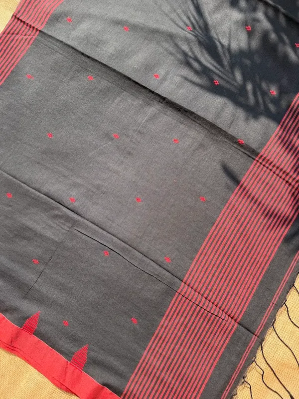 Jet_Black_Dhaniakhali_Pure_Cotton_Handloom_Saree_with_Crimson_Red_Butis,_Temple_Border_&_Striped_Pallu_(Handloom_Mark_Certified)