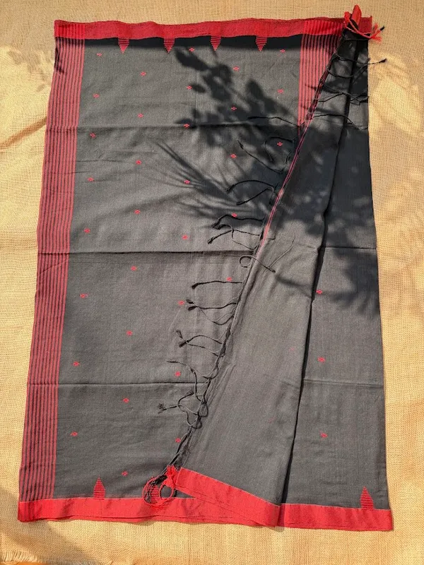 Jet_Black_Dhaniakhali_Pure_Cotton_Handloom_Saree_with_Crimson_Red_Butis,_Temple_Border_&_Striped_Pallu_(Handloom_Mark_Certified)