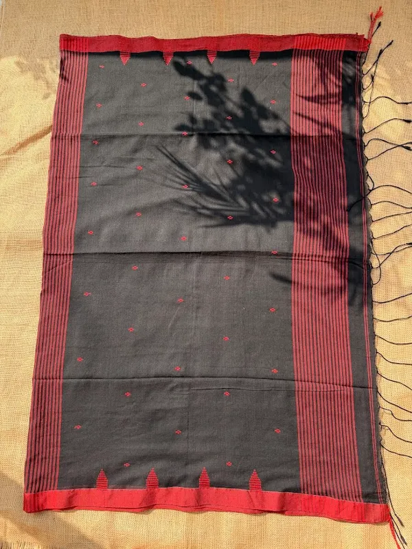 Jet_Black_Dhaniakhali_Pure_Cotton_Handloom_Saree_with_Crimson_Red_Butis,_Temple_Border_&_Striped_Pallu_(Handloom_Mark_Certified)