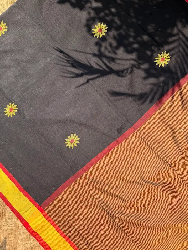 Jet_Black_Dhaniakhali_Pure_Cotton_Handloom_Saree_with_Mustard_Yellow_&_Crimson_Border_(Handloom_Mark_Certified)