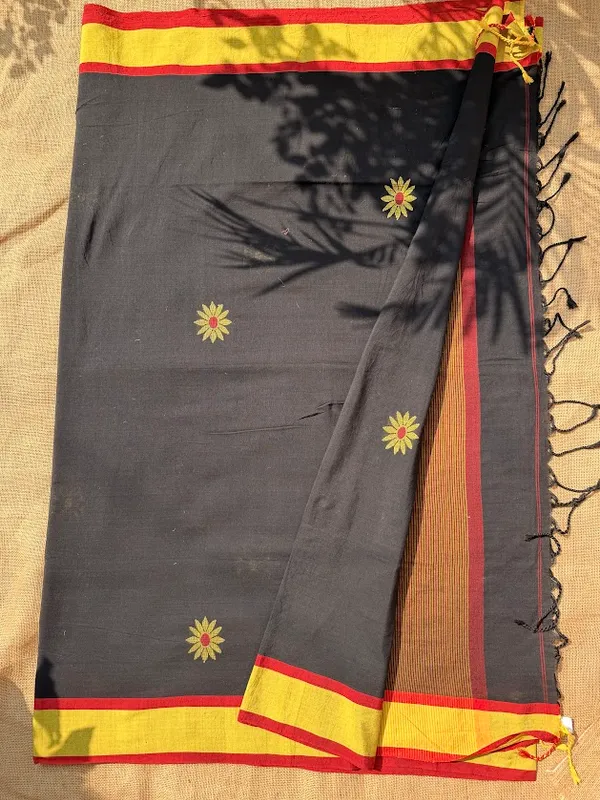Jet_Black_Dhaniakhali_Pure_Cotton_Handloom_Saree_with_Mustard_Yellow_&_Crimson_Border_(Handloom_Mark_Certified)