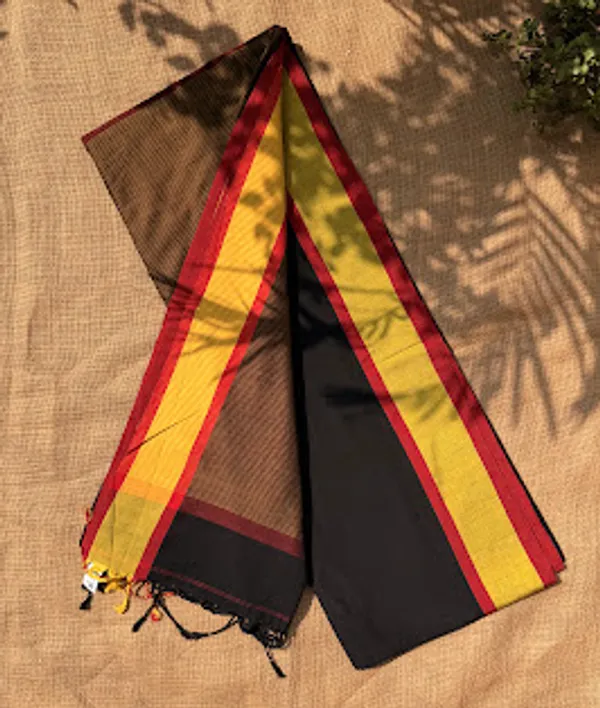 Jet_Black_Dhaniakhali_Pure_Cotton_Handloom_Saree_with_Mustard_Yellow_&_Crimson_Border_(Handloom_Mark_Certified)