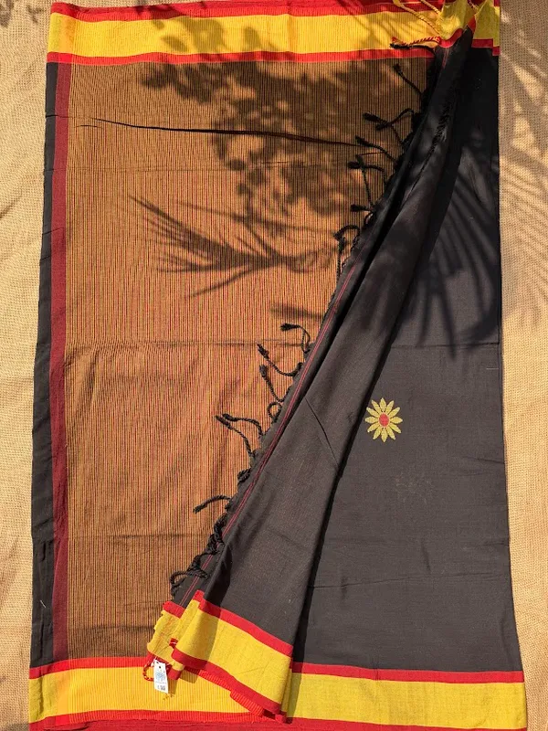 Jet_Black_Dhaniakhali_Pure_Cotton_Handloom_Saree_with_Mustard_Yellow_&_Crimson_Border_(Handloom_Mark_Certified)