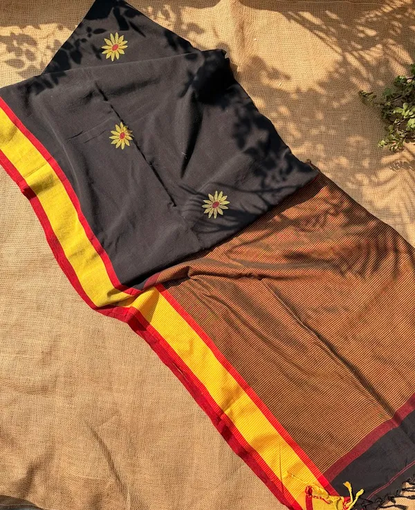Jet_Black_Dhaniakhali_Pure_Cotton_Handloom_Saree_with_Mustard_Yellow_&_Crimson_Border_(Handloom_Mark_Certified)