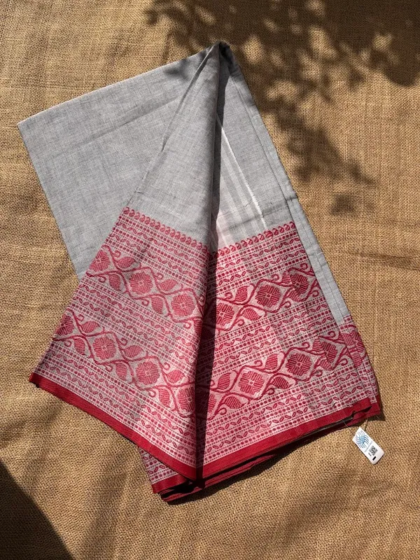 Light_Ash_Grey_&_Soft_Rose_Pink_Dhaniakhali_Pure_Cotton_Saree_with_Intricate_Jamdani_Border