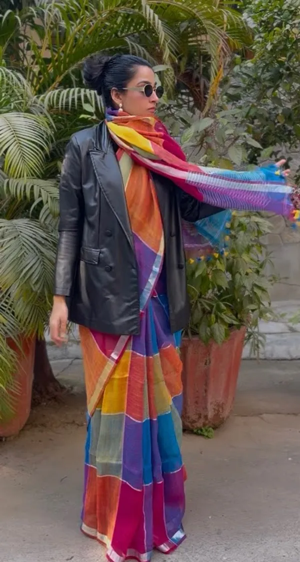 Rang-_Khel_Linen_Handloom_Checkered_sarees_with_multicolour_tassels