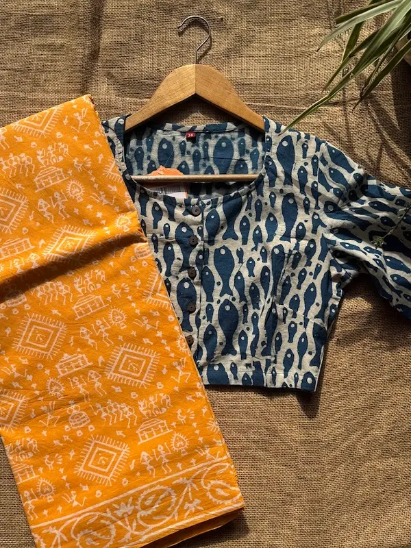 Mango_Yellow_Warli_Print_Bagru_Saree_with_Blouse_Piece