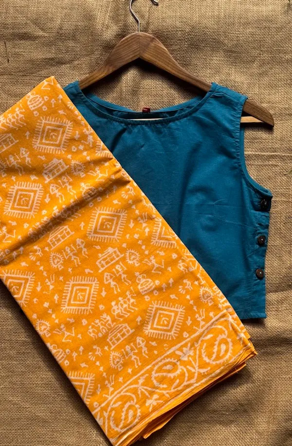 Mango_Yellow_Warli_Print_Bagru_Saree_with_Blouse_Piece