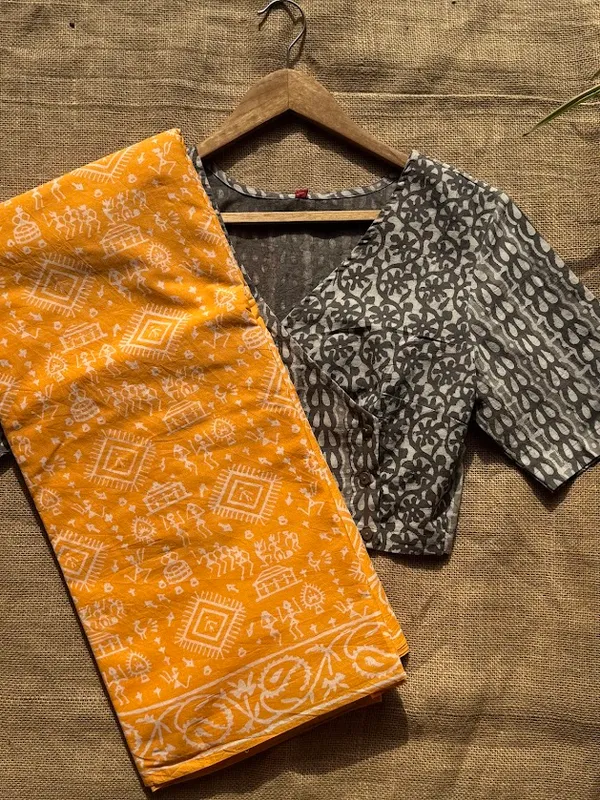 Mango_Yellow_Warli_Print_Bagru_Saree_with_Blouse_Piece