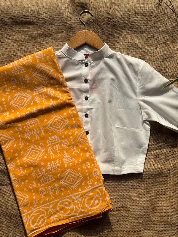 Mango_Yellow_Warli_Print_Bagru_Saree_with_Blouse_Piece