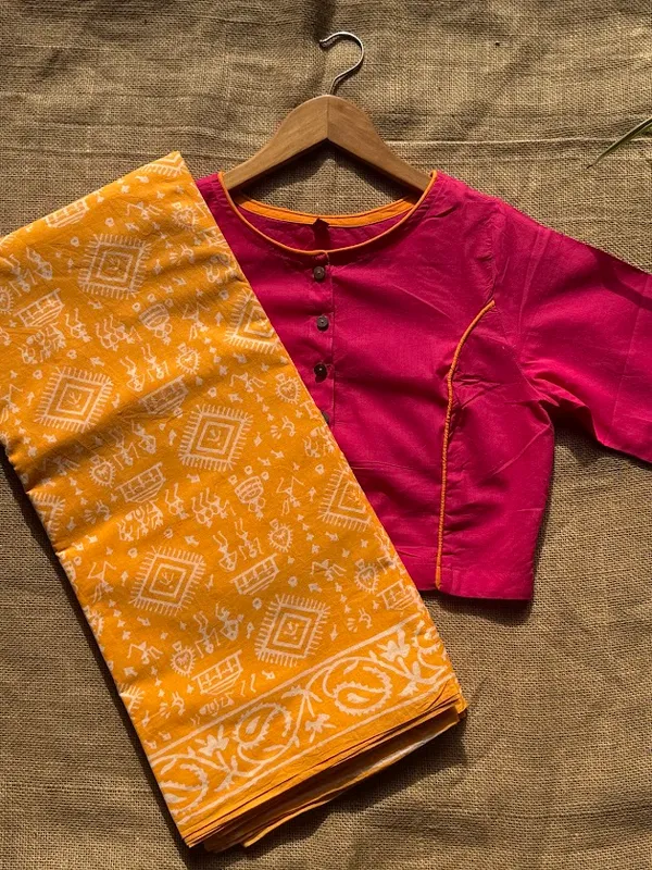 Mango_Yellow_Warli_Print_Bagru_Saree_with_Blouse_Piece