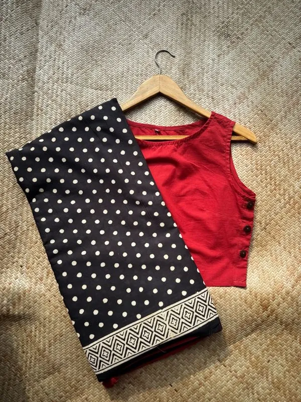Midnight_Black_Polka_Retro_Mulmul_Saree_with_Red_Contrast_Blouse