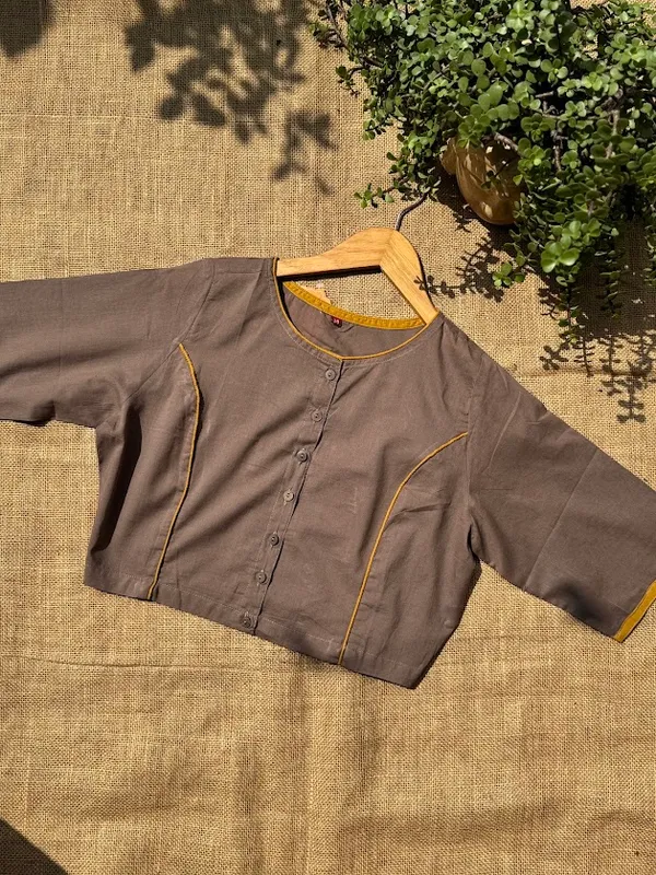 Misty_Taupe_Contrast_Mustard_Piping_Front-Buttoned_Blouse