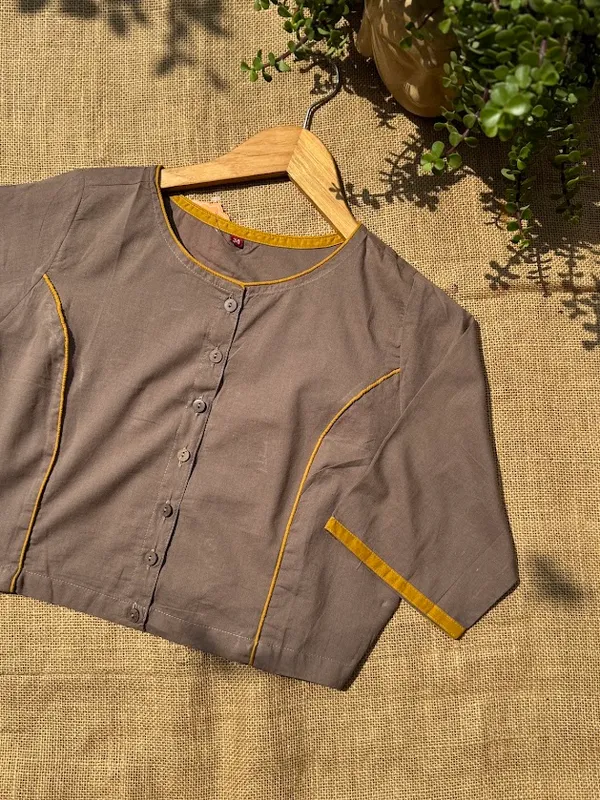 Misty_Taupe_Contrast_Mustard_Piping_Front-Buttoned_Blouse