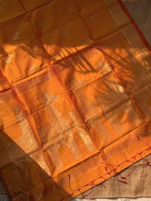 Mustard_Yellow_Festive_Handloom_Cotton__Silk_Saree_with_Metallic_Copper_Horse_Motifs_&_Zari_Border