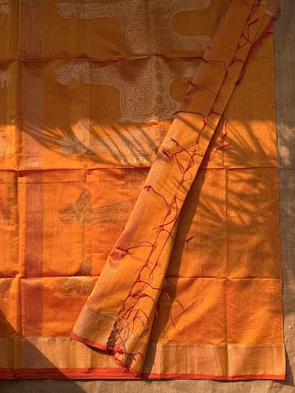 Mustard_Yellow_Festive_Handloom_Cotton__Silk_Saree_with_Metallic_Copper_Horse_Motifs_&_Zari_Border