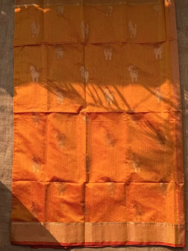 Mustard_Yellow_Festive_Handloom_Cotton__Silk_Saree_with_Metallic_Copper_Horse_Motifs_&_Zari_Border