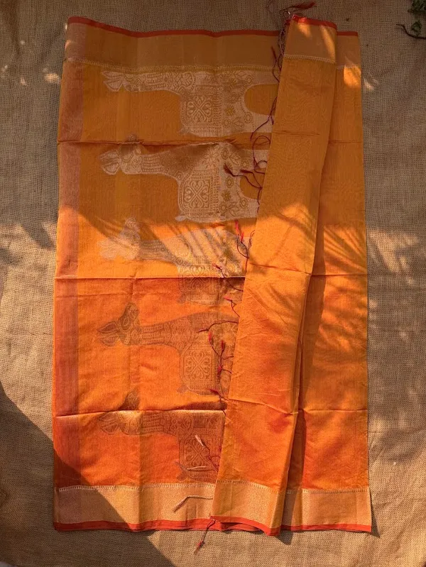 Mustard_Yellow_Festive_Handloom_Cotton__Silk_Saree_with_Metallic_Copper_Horse_Motifs_&_Zari_Border