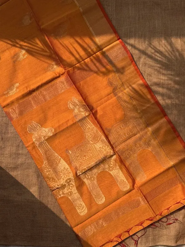 Mustard_Yellow_Festive_Handloom_Cotton__Silk_Saree_with_Metallic_Copper_Horse_Motifs_&_Zari_Border