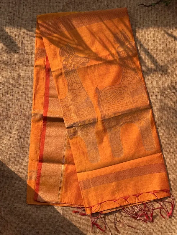 Mustard_Yellow_Festive_Handloom_Cotton__Silk_Saree_with_Metallic_Copper_Horse_Motifs_&_Zari_Border