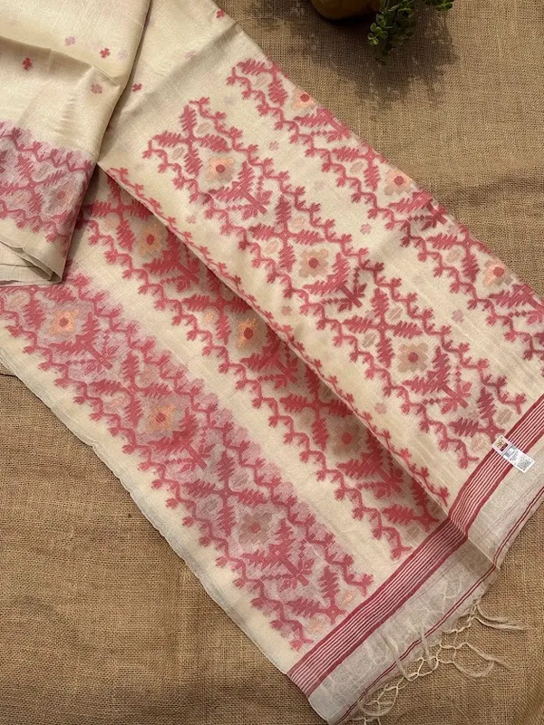 Natural_Ivory_Pure_Tussar_Silk_Handloom_Saree_with_Coral_Rose_Jamdani_Pallu_&_Border_(Handloom_Mark_Certified)