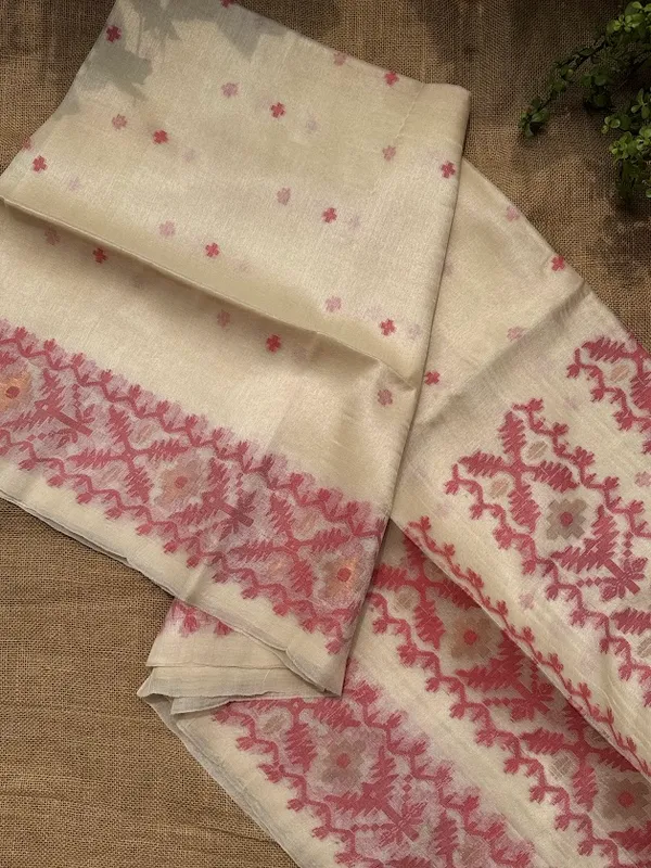 Natural_Ivory_Pure_Tussar_Silk_Handloom_Saree_with_Coral_Rose_Jamdani_Pallu_&_Border_(Handloom_Mark_Certified)