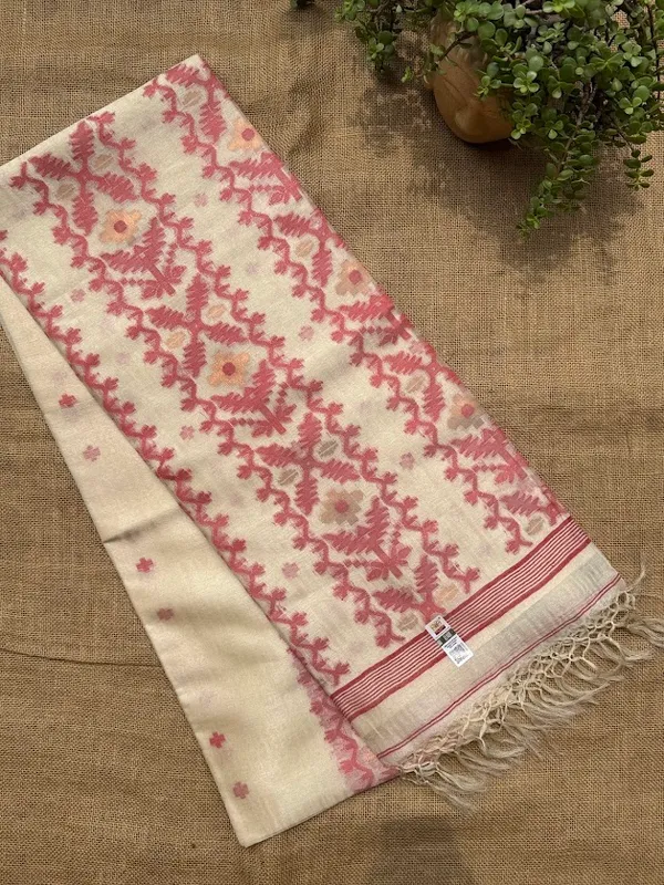 Natural_Ivory_Pure_Tussar_Silk_Handloom_Saree_with_Coral_Rose_Jamdani_Pallu_&_Border_(Handloom_Mark_Certified)