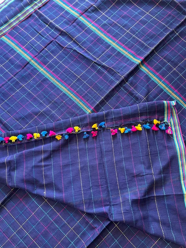 Navy_Blue_Checkered_Mulmul_Cotton_Saree_with_Kantha_Work_&_Tassels